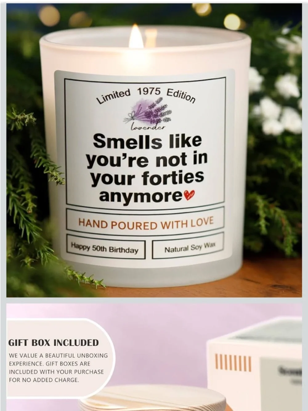 NWOT Lavender Soy Candles – 50th Birthday Gifts, limited 1975 Edition